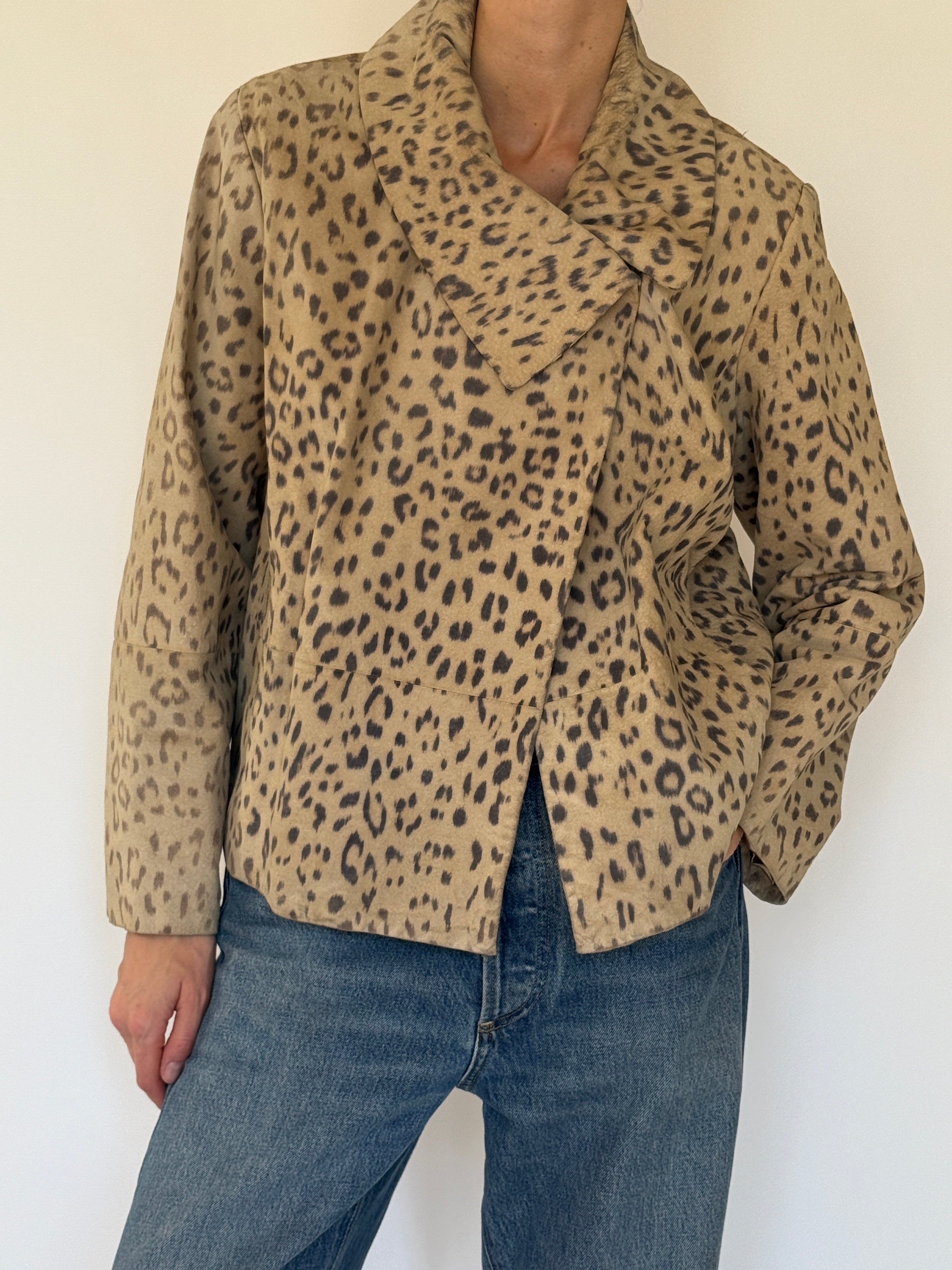 Vintage suede leopard print jacket tan sleeve detail