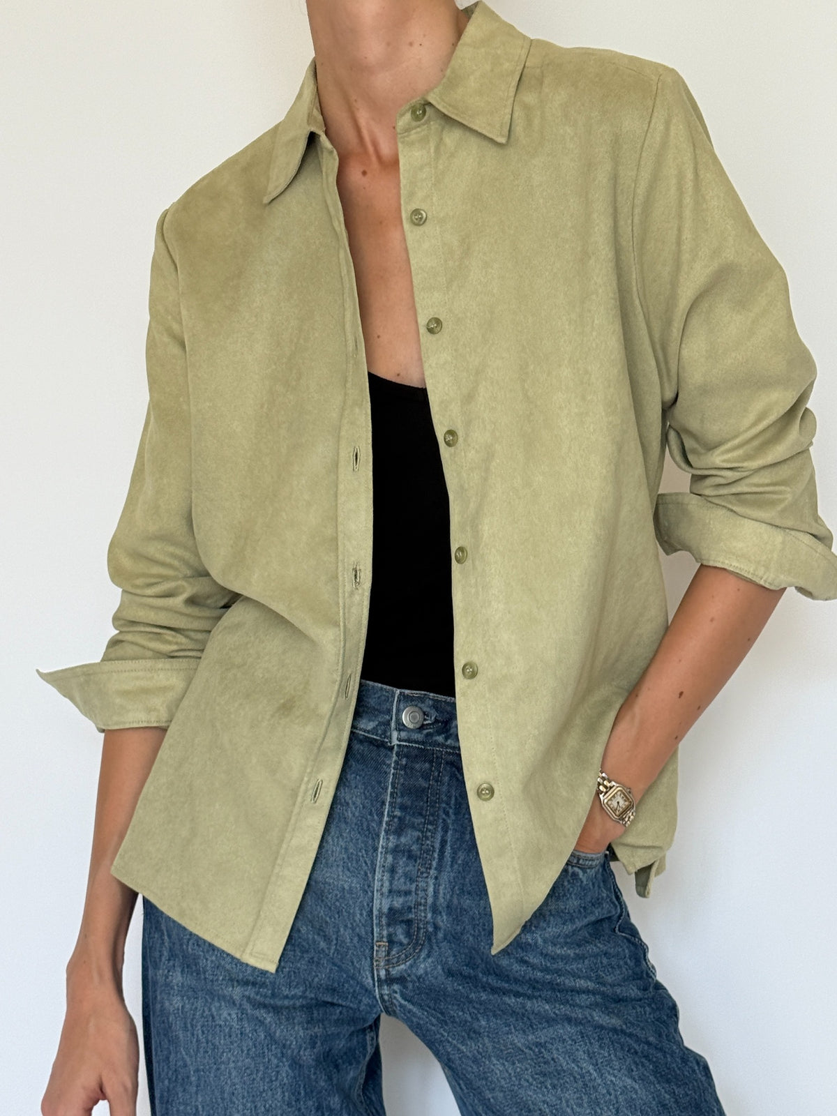 Vintage soft brushed shirt light sage green fabric close-up