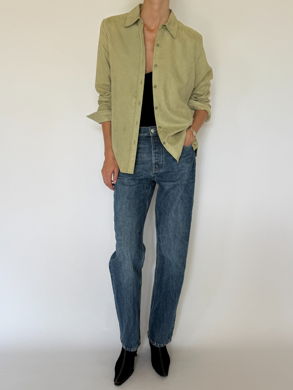 Vintage soft brushed shirt light sage green styled front view