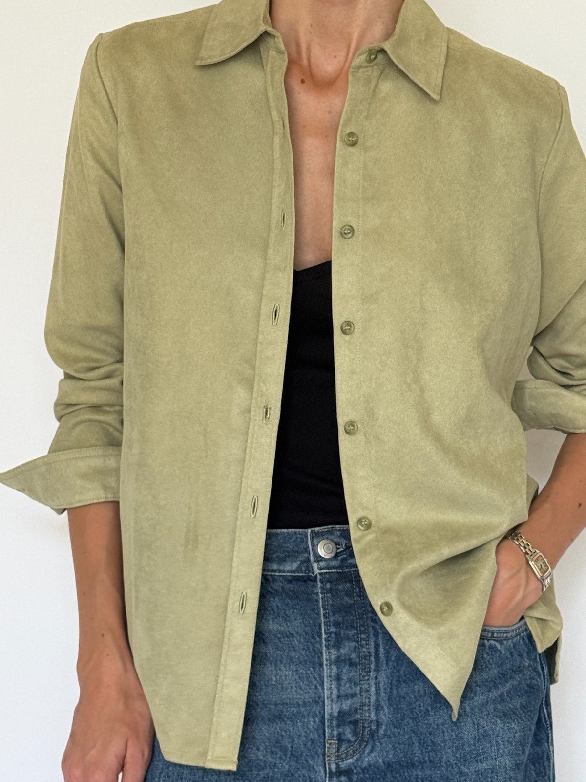 Vintage soft brushed shirt light sage green collar and button detail