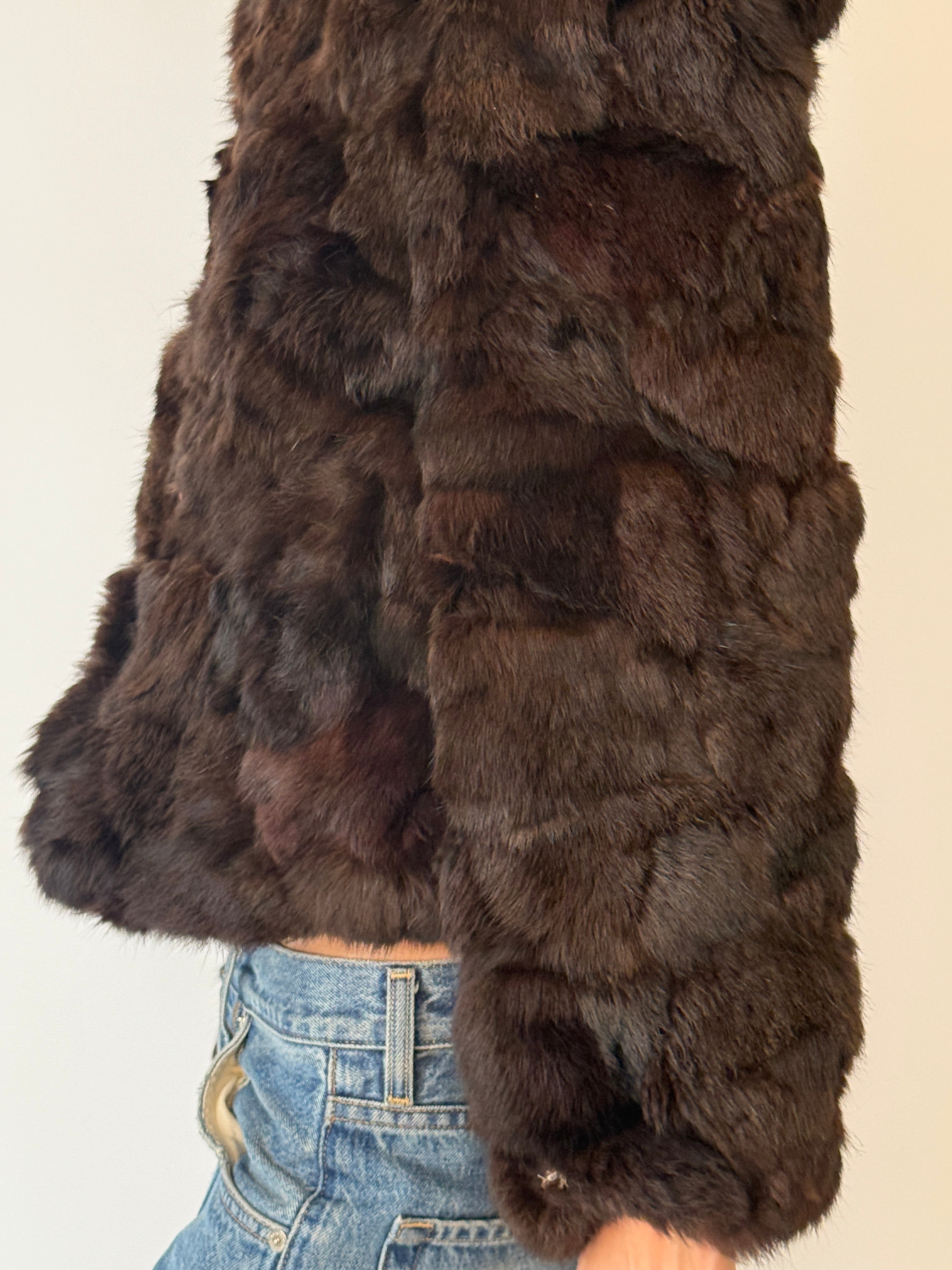 Vintage brown fur jacket with high collar and button front side view
