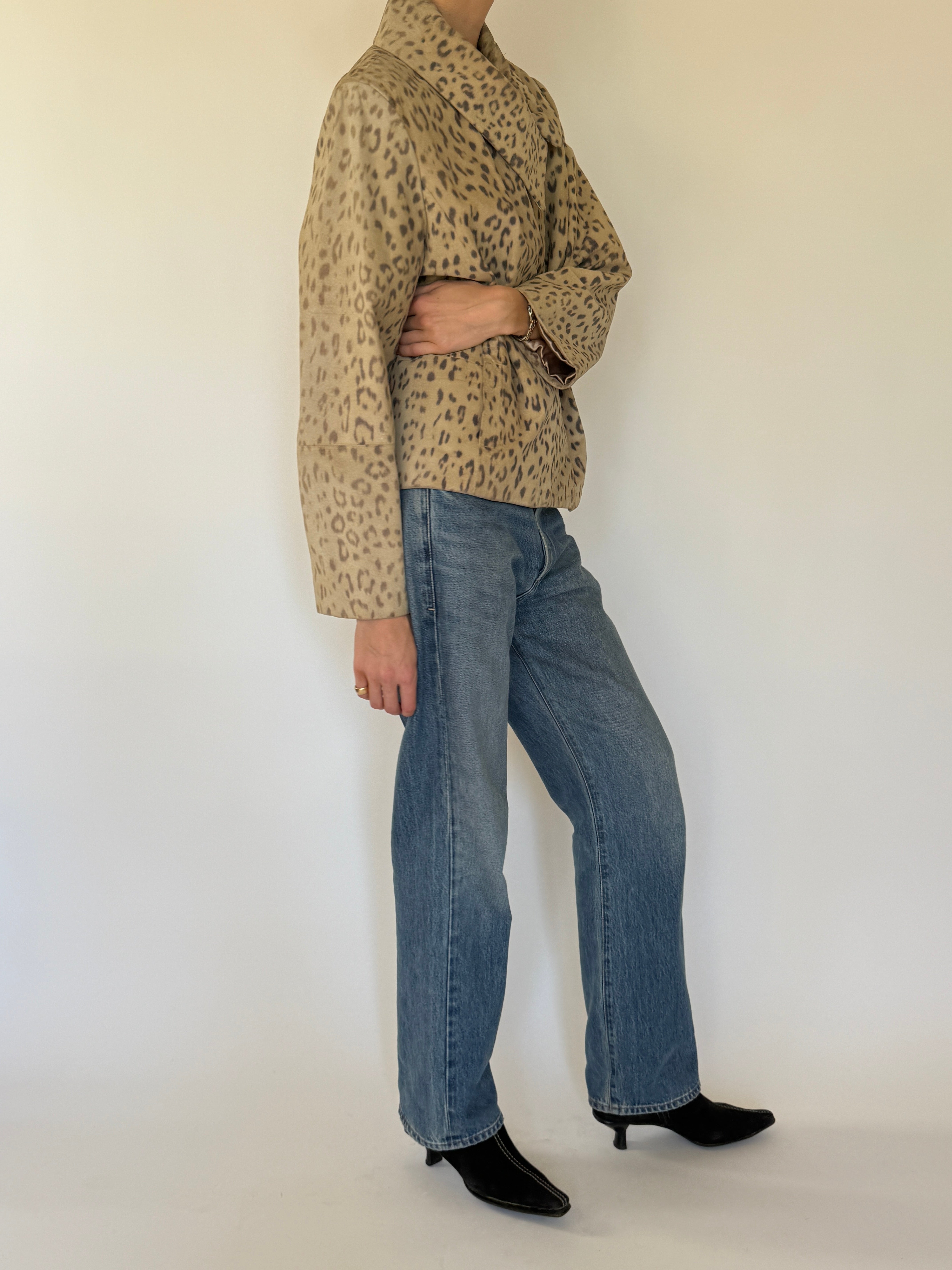 Vintage tan leopard suede jacket side view