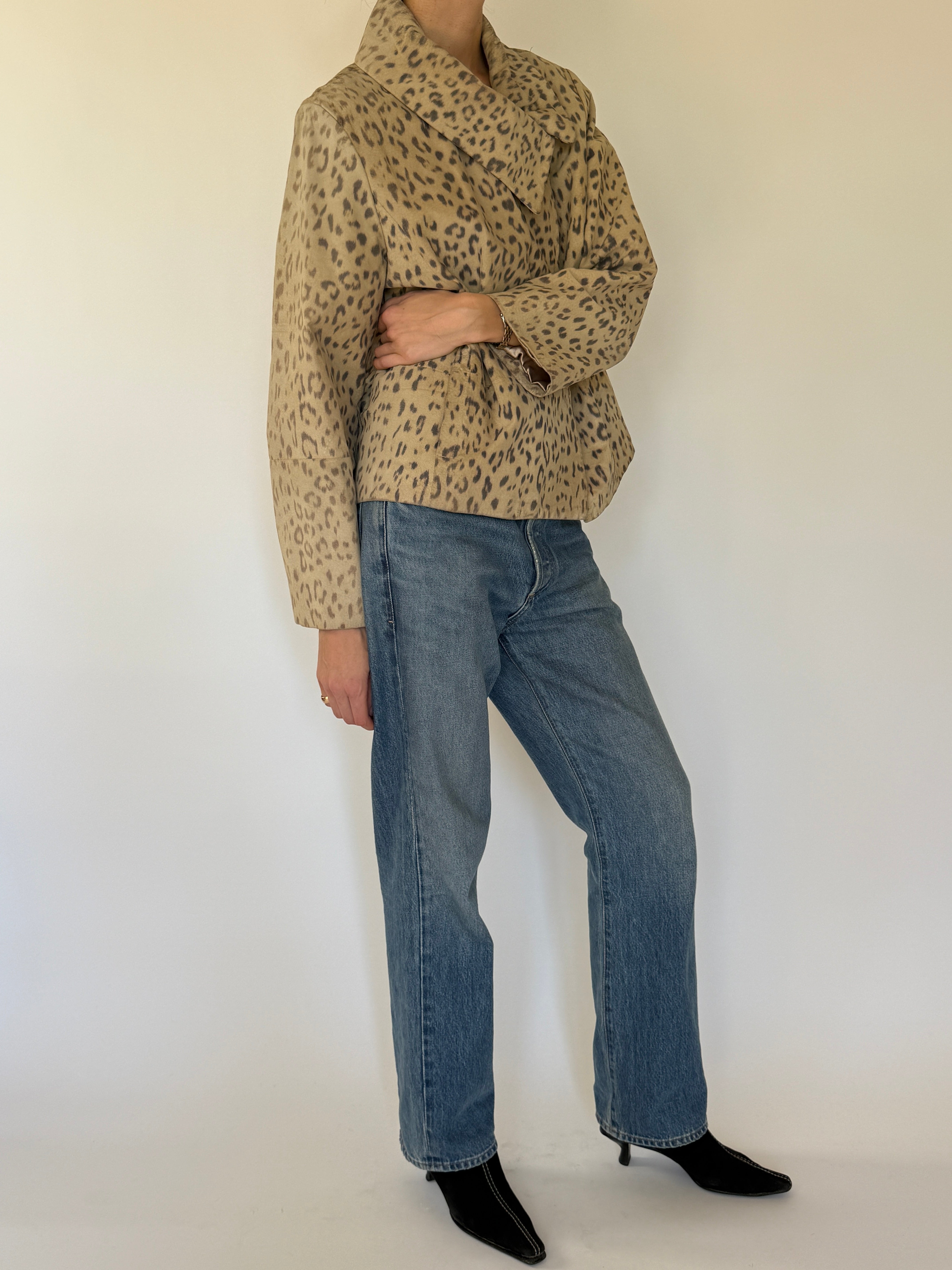 Vintage tan leopard suede jacket side view