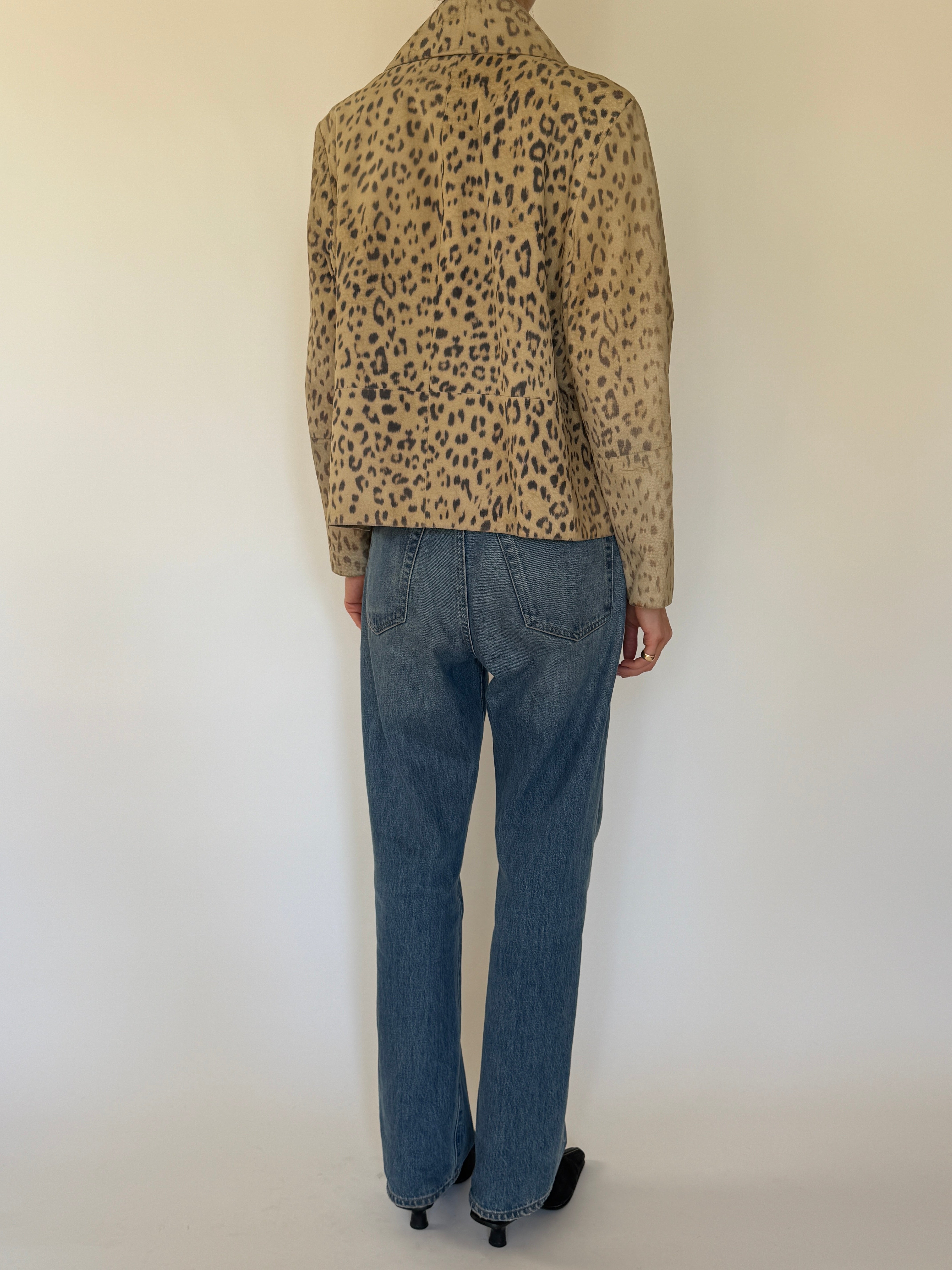 Vintage suede leopard print jacket tan back view