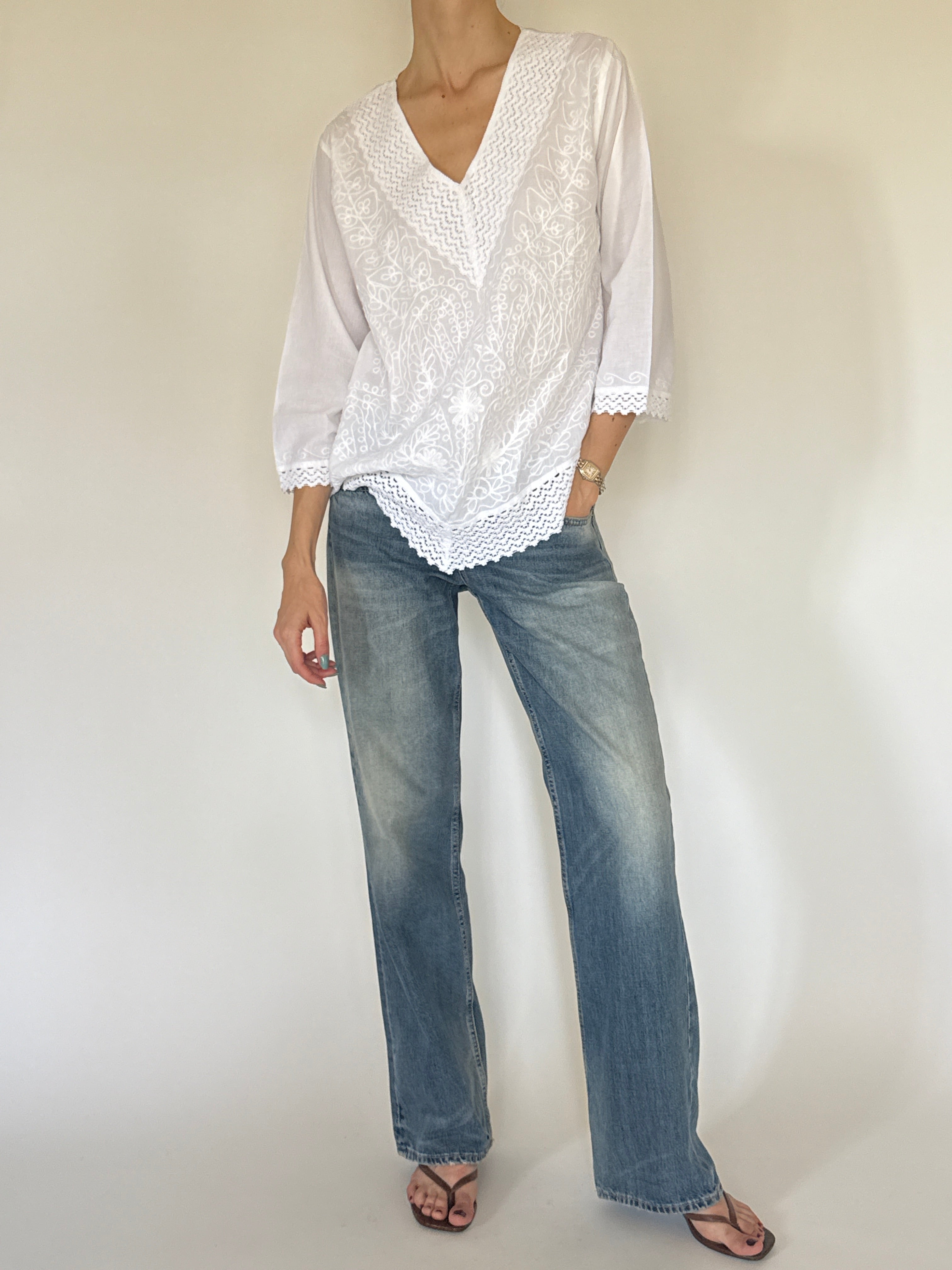 Vintage white embroidered cotton blouse full-length view