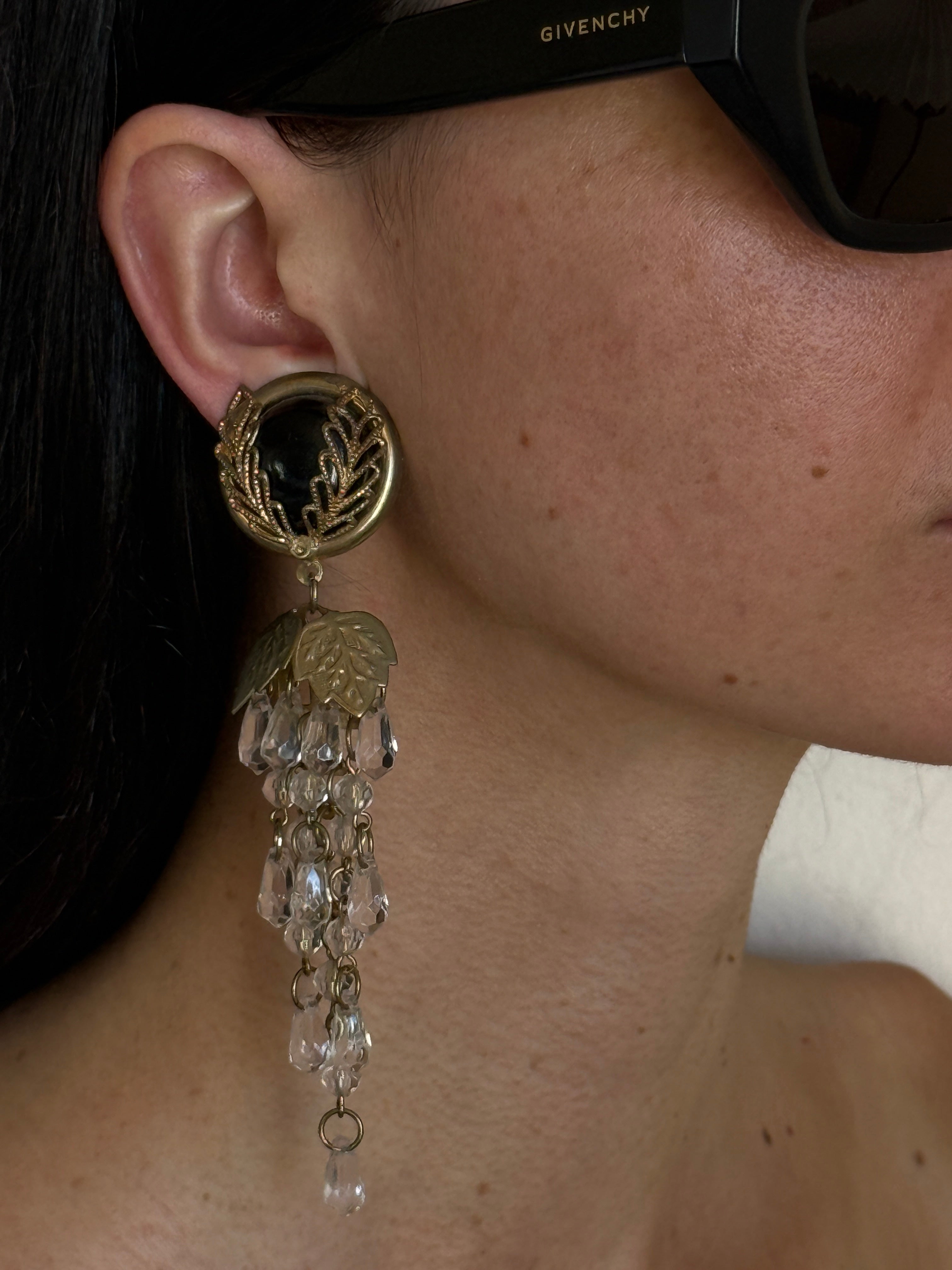 Vintage large Gold & Black toned Cabochon Statement Earrings