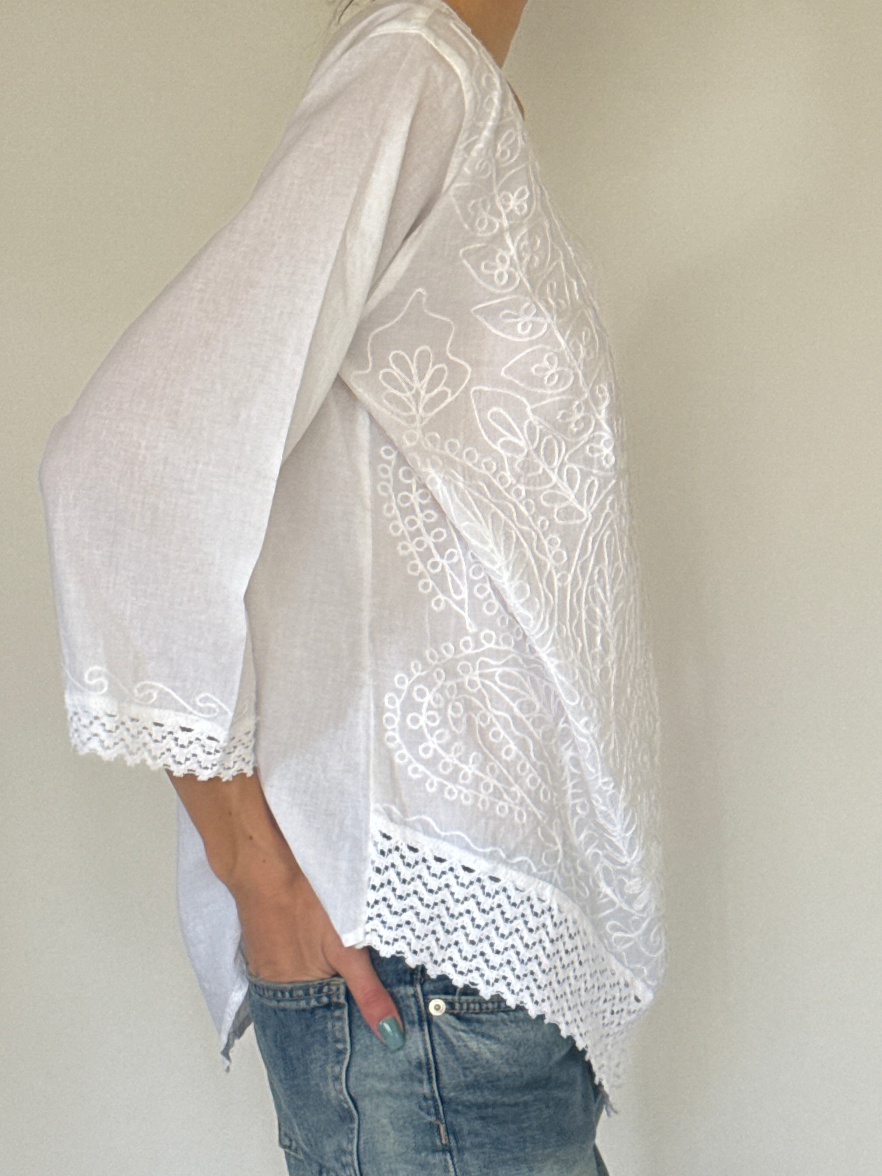 Vintage white embroidered cotton blouse side view