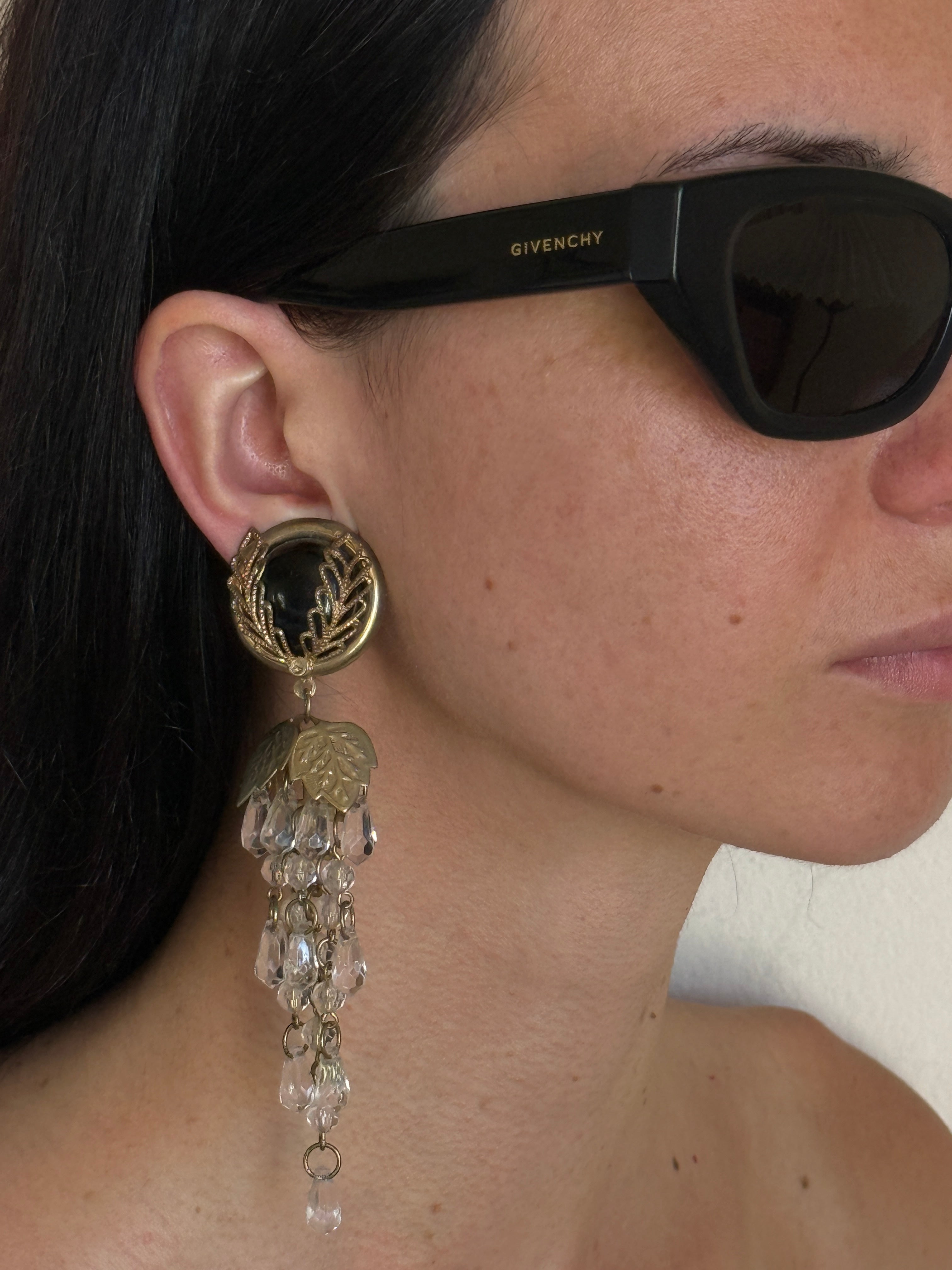 Vintage large Gold & Black toned Cabochon Statement Earrings