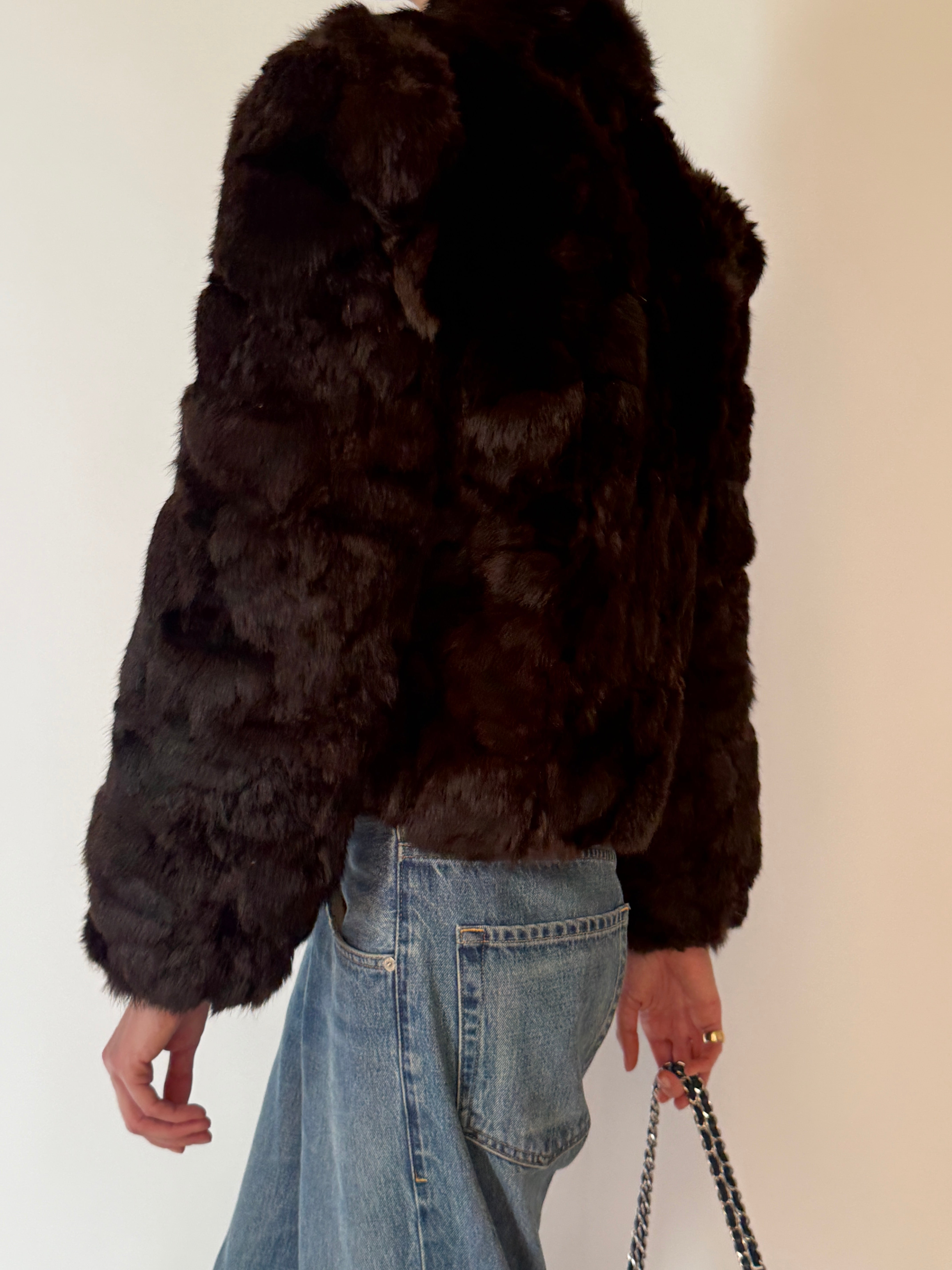 Vintage brown fur jacket with high collar and button front back view