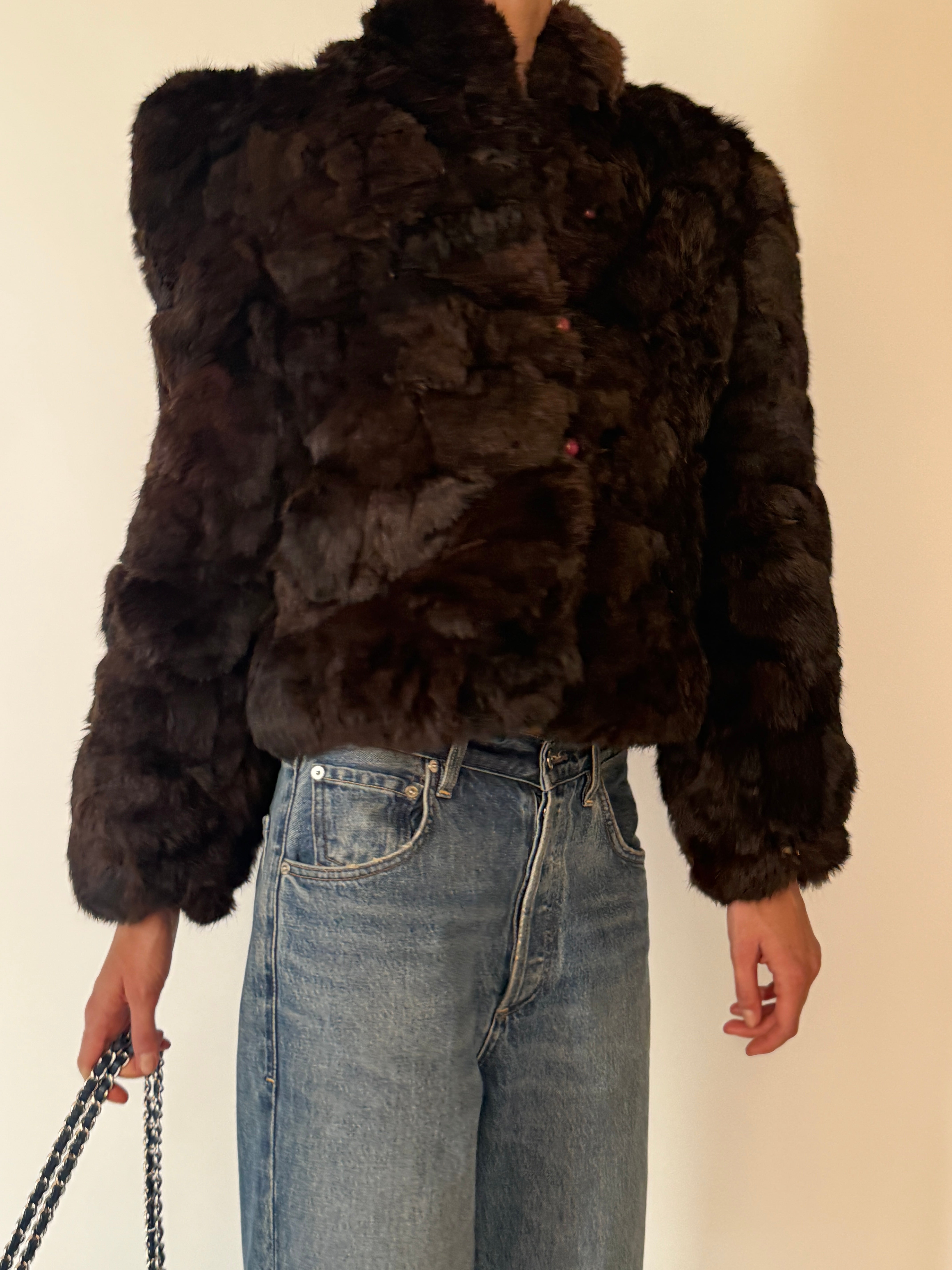 Vintage brown fur jacket with high collar and button front