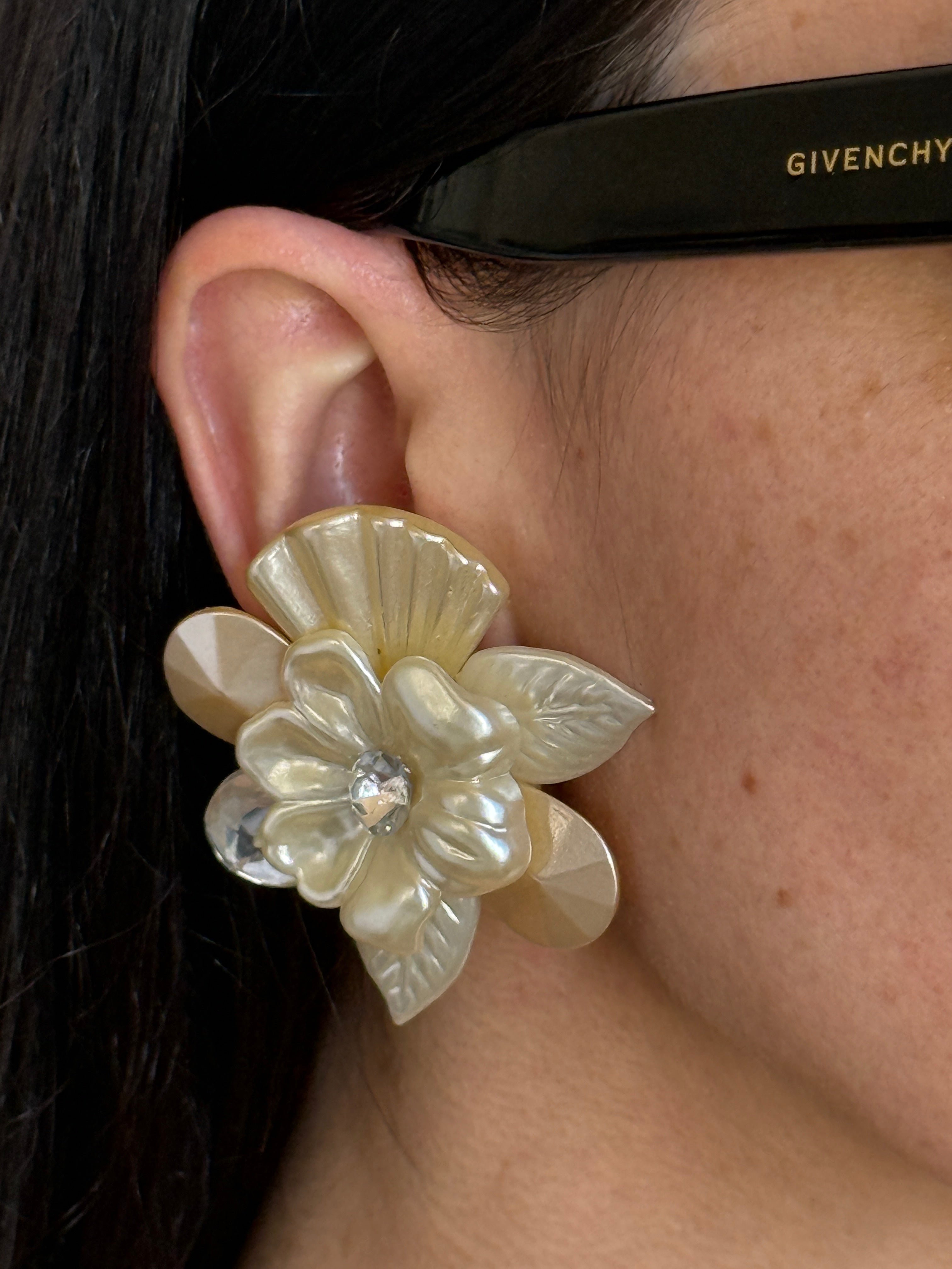 Vintage ivory floral statement earrings front view