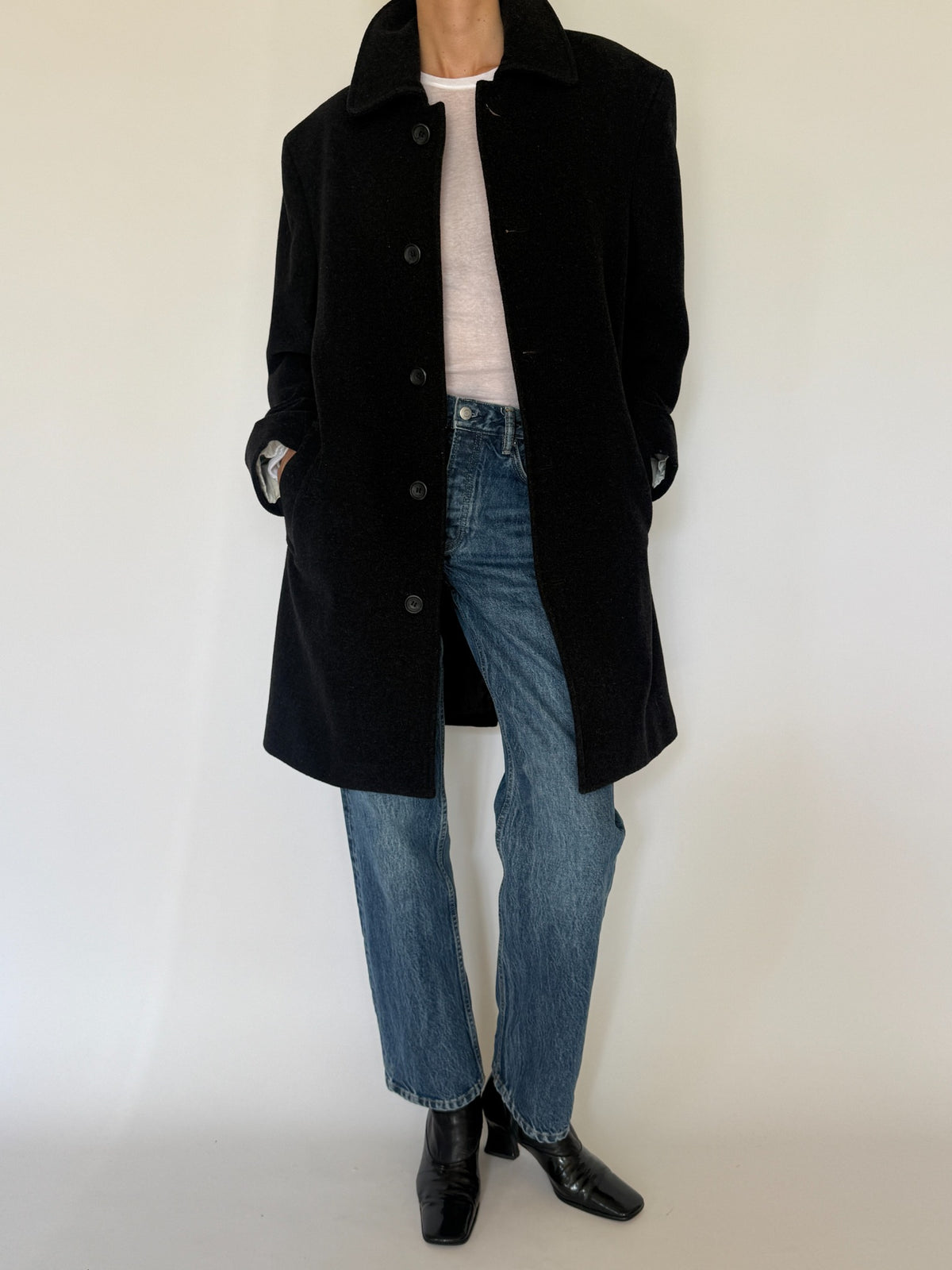 Vintage black wool blend coat side view