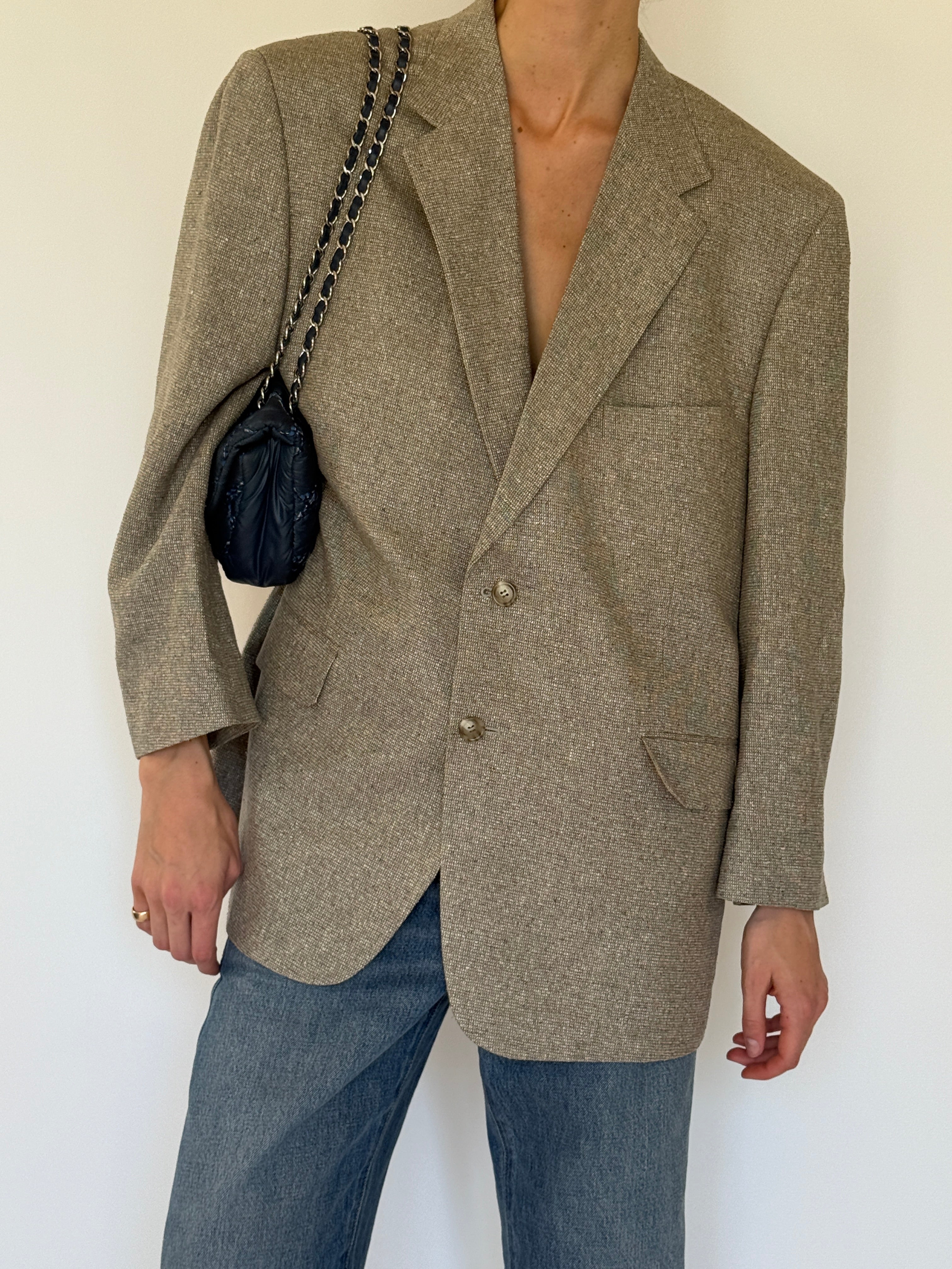 Vintage taupe silk blazer front view