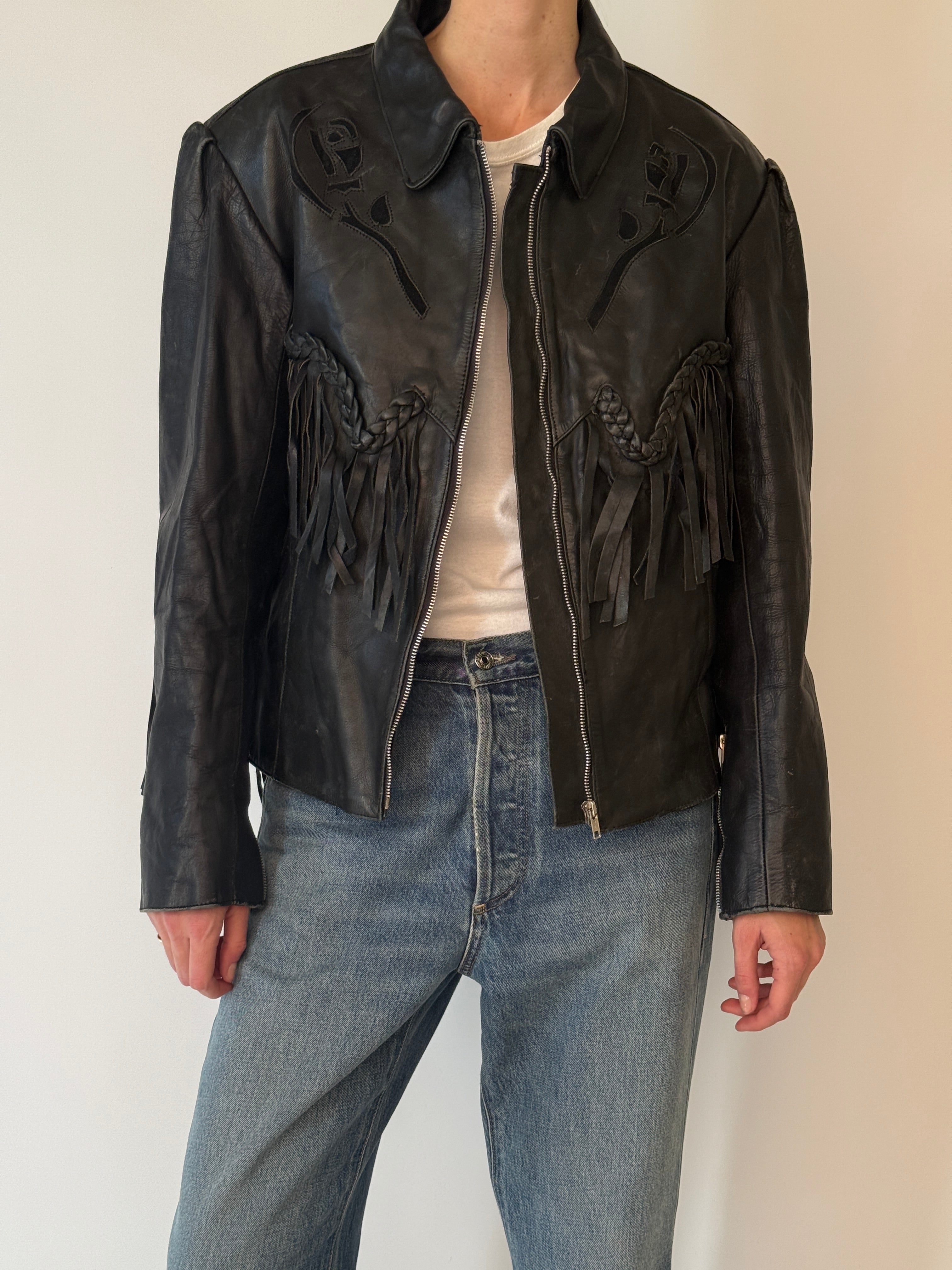 Vintage black leather fringe jacket front view