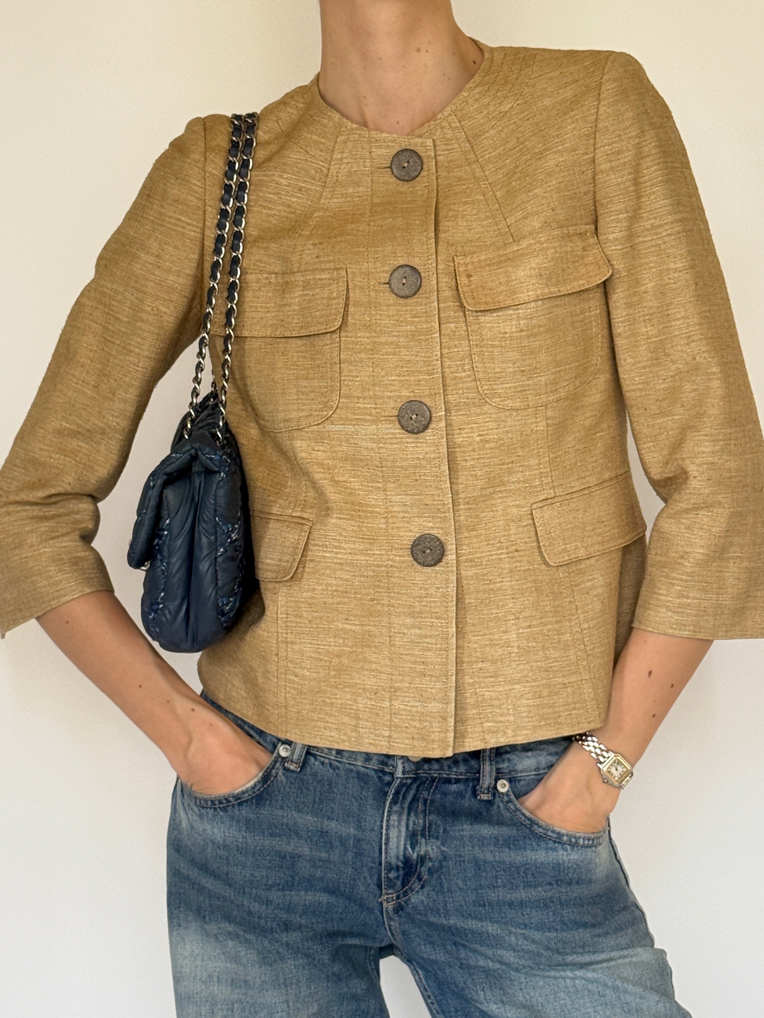 Vintage camel silk cropped jacket front view