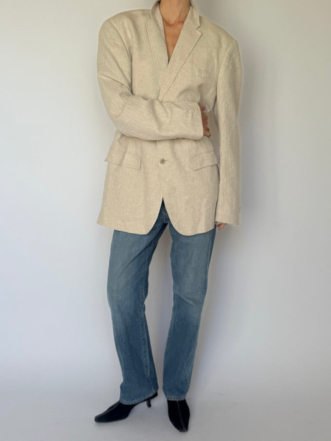 Vintage Linen & Cotton Oversized Blazer in Beige 6601