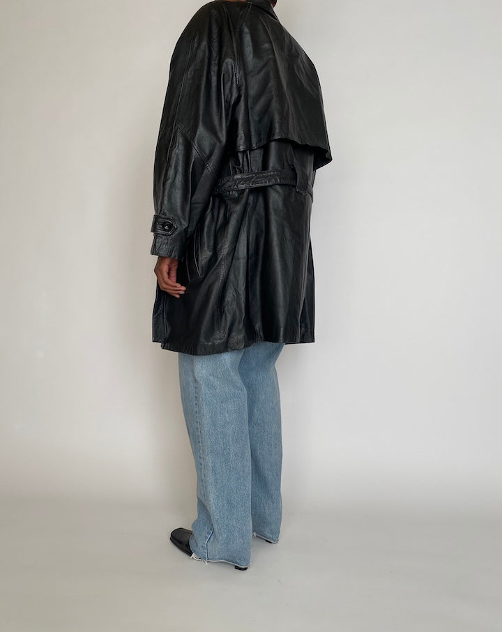 VINTAGE BLACK SHORT LEATHER TRENCH JACKET 4258