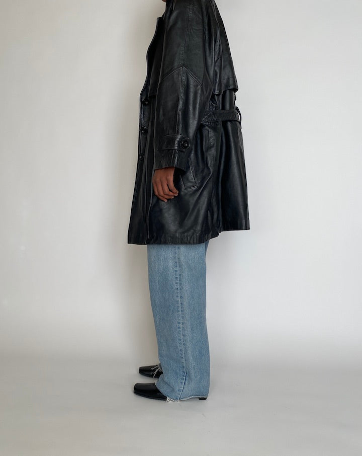 VINTAGE BLACK SHORT LEATHER TRENCH JACKET 4258