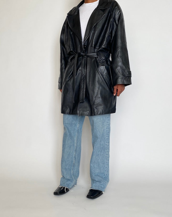 VINTAGE BLACK SHORT LEATHER TRENCH JACKET 4258