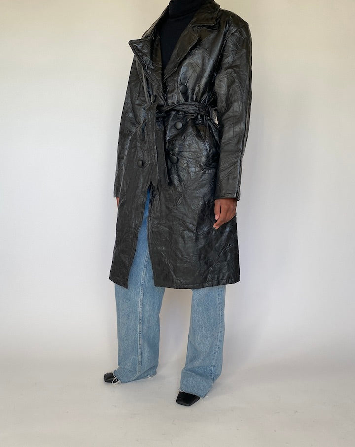 VINTAGE BLACK TEXTURED LEATHER TRENCH 4314