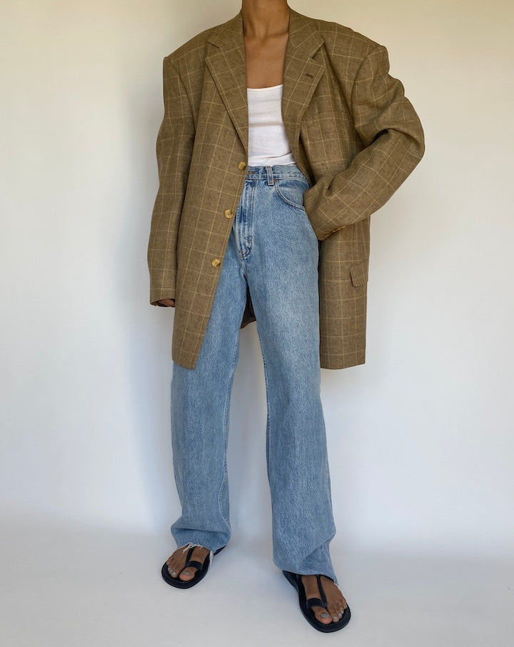 VINTAGE OVERSIZED LONG CHECKED BEIGE BLAZER 3181