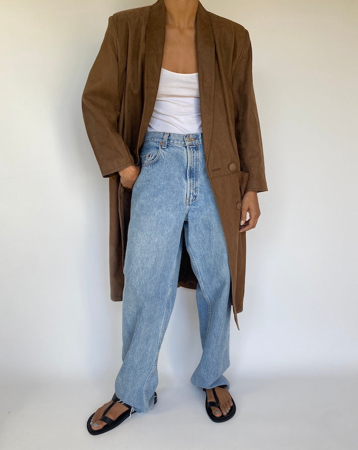 VINTAGE LONG BROWN SUEDE LEATHER JACKET 3205