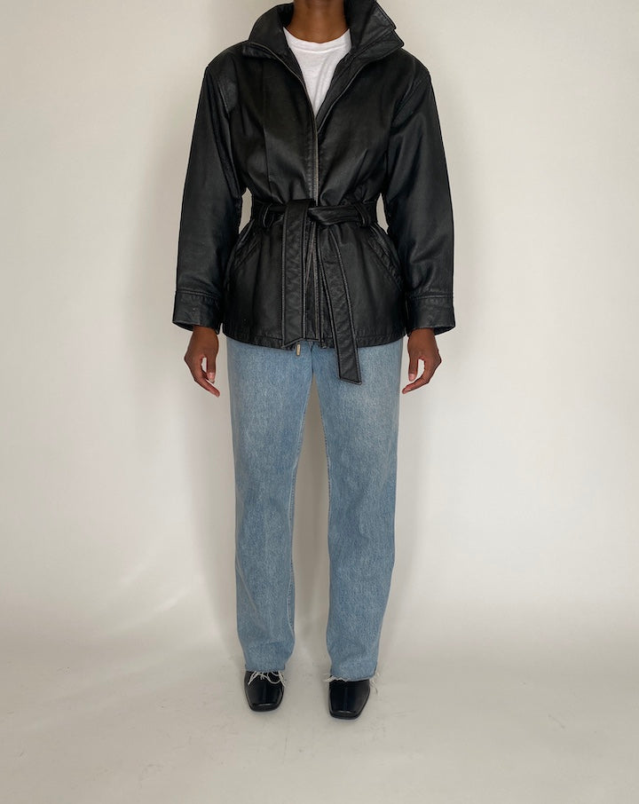 VINTAGE BLACK SHORT TRENCH LEATHER JACKET 4027