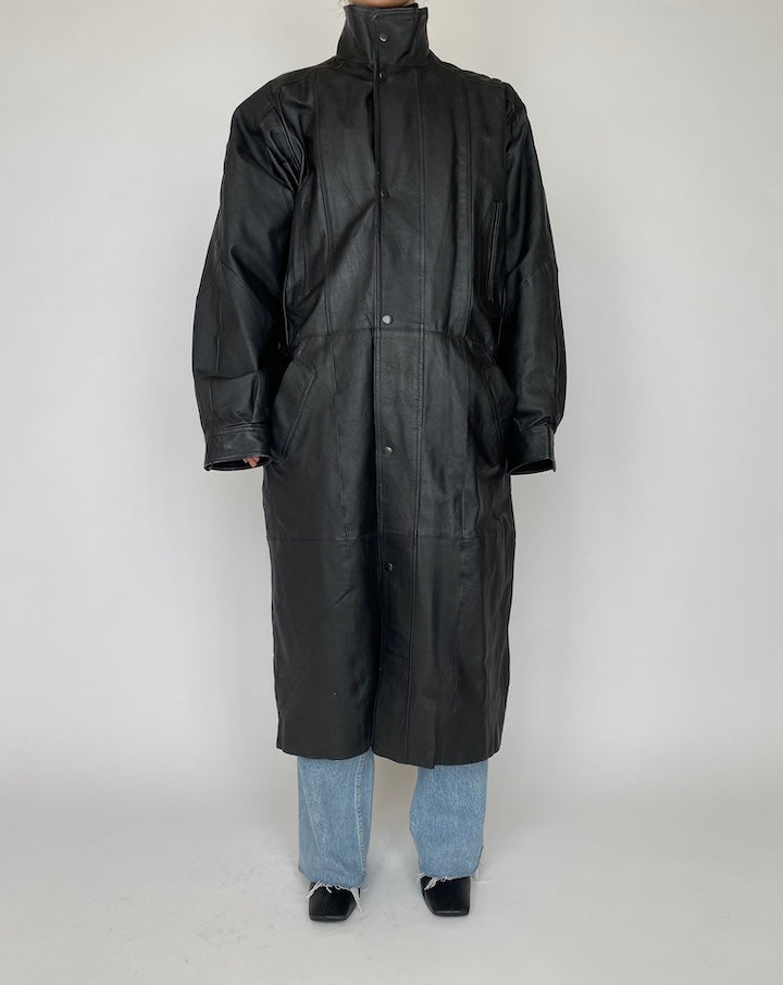 VINTAGE OVERSIZED LONG BLACK LEATHER COAT 4168