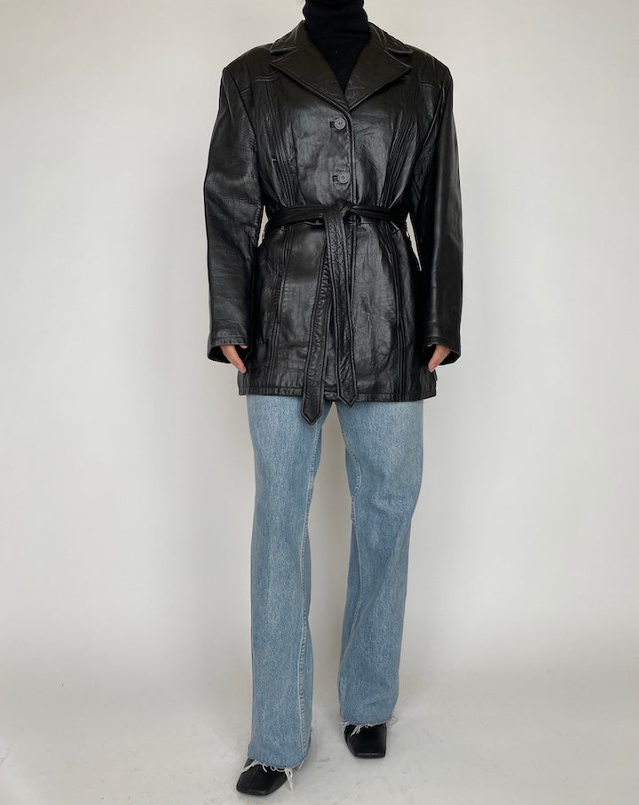 VINTAGE BLACK SHORT LEATHER TRENCH JACKET 4172