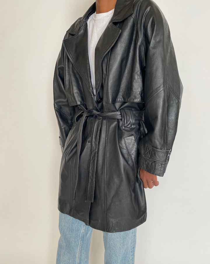 VINTAGE BLACK SHORT LEATHER TRENCH JACKET 4258
