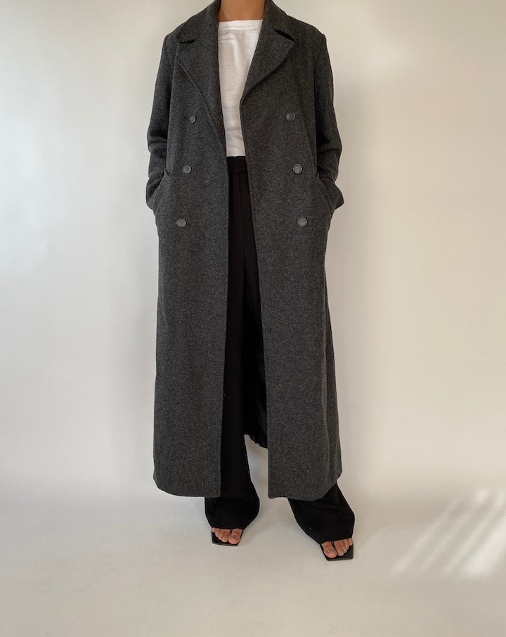 VINTAGE LONG DARK GREY WOOL BLENDED COAT 2352