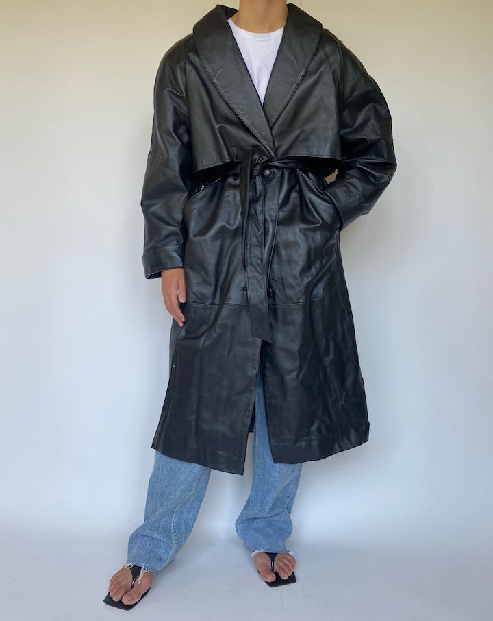 VINTAGE BLACK LONG LEATHER TRENCH COAT 3356