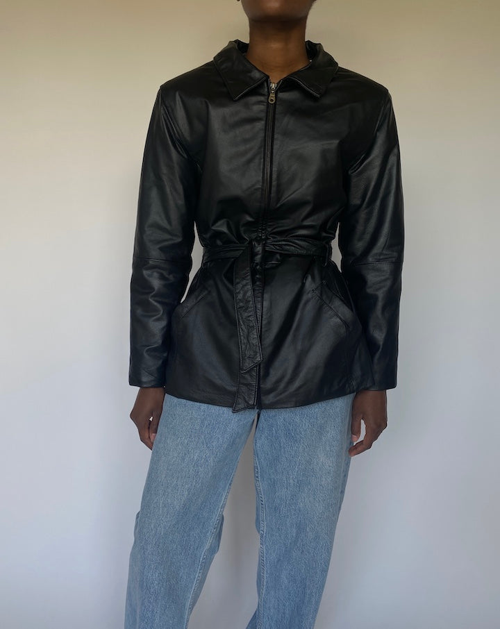 VINTAGE BLACK SHORT LEATHER TRENCH JACKET 3669