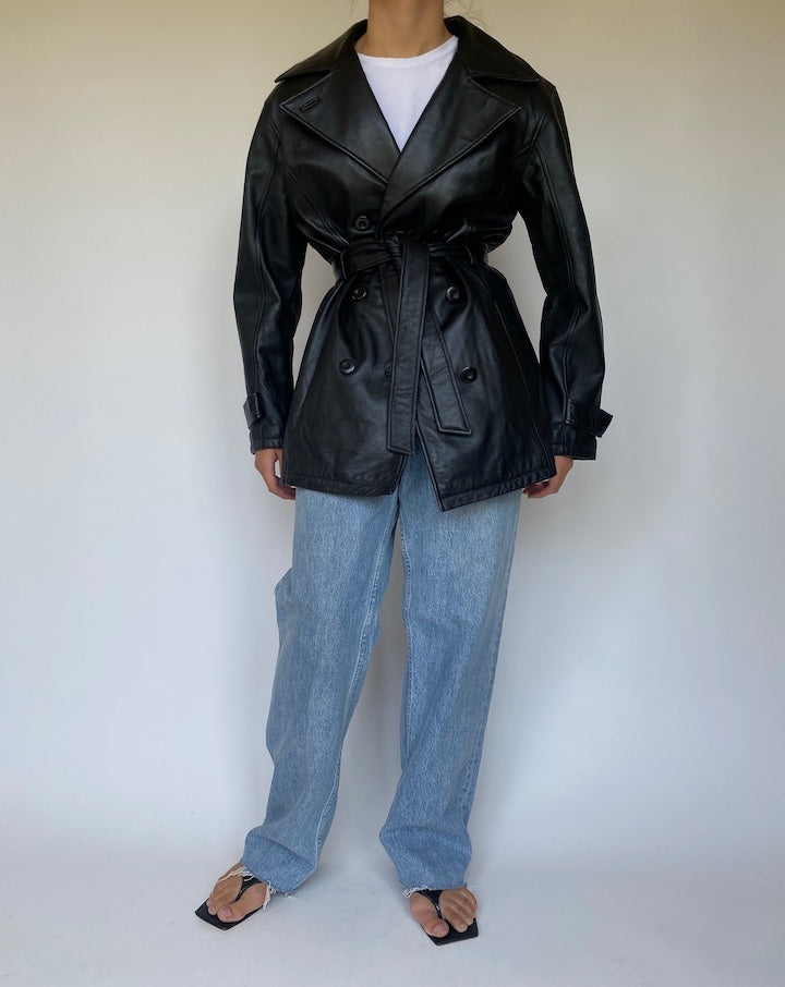 VINTAGE BLACK SHORT TRENCH LEATHER JACKET 3379
