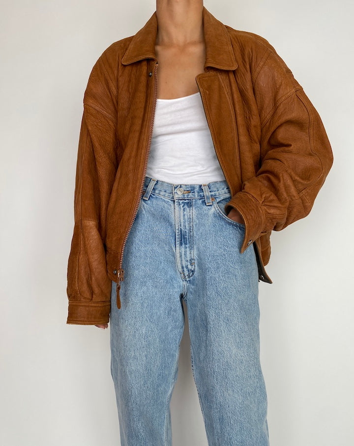 VINTAGE BROWN OVERSIZED BOXY LEATHER JACKET 2940