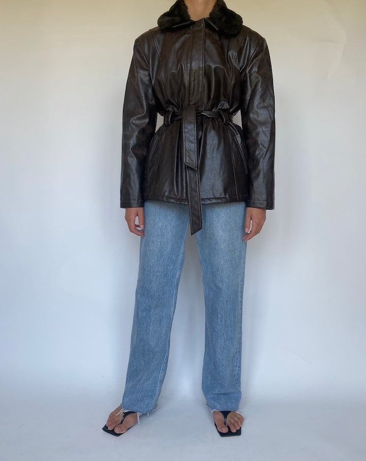 VINTAGE DARK BROWN SHORT TRENCH LEATHER JACKET 3429