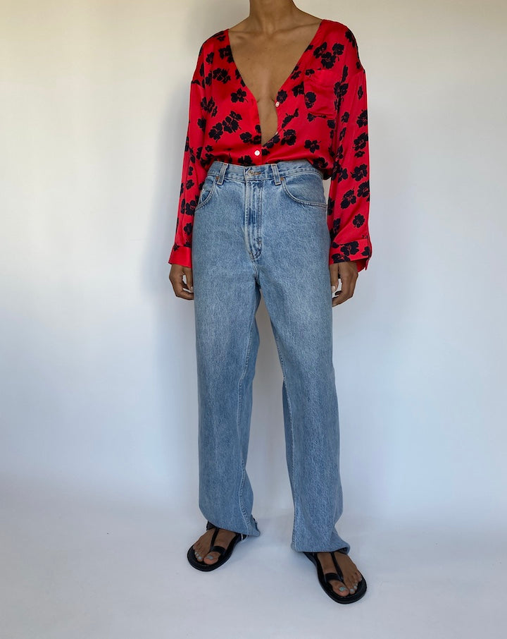 VINTAGE RED LONG SLEEVE BLOUSE WITH BLACK FLOWERS 3267