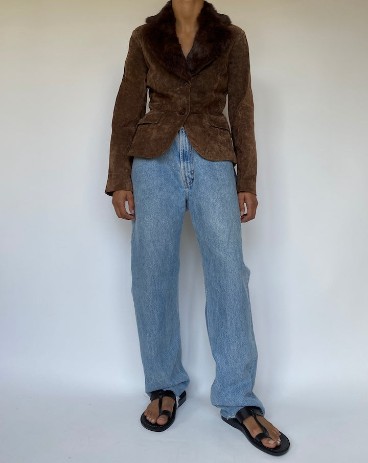 VINTAGE SUEDE LEATHER JACKET WITH A FUR COLLAR 3298