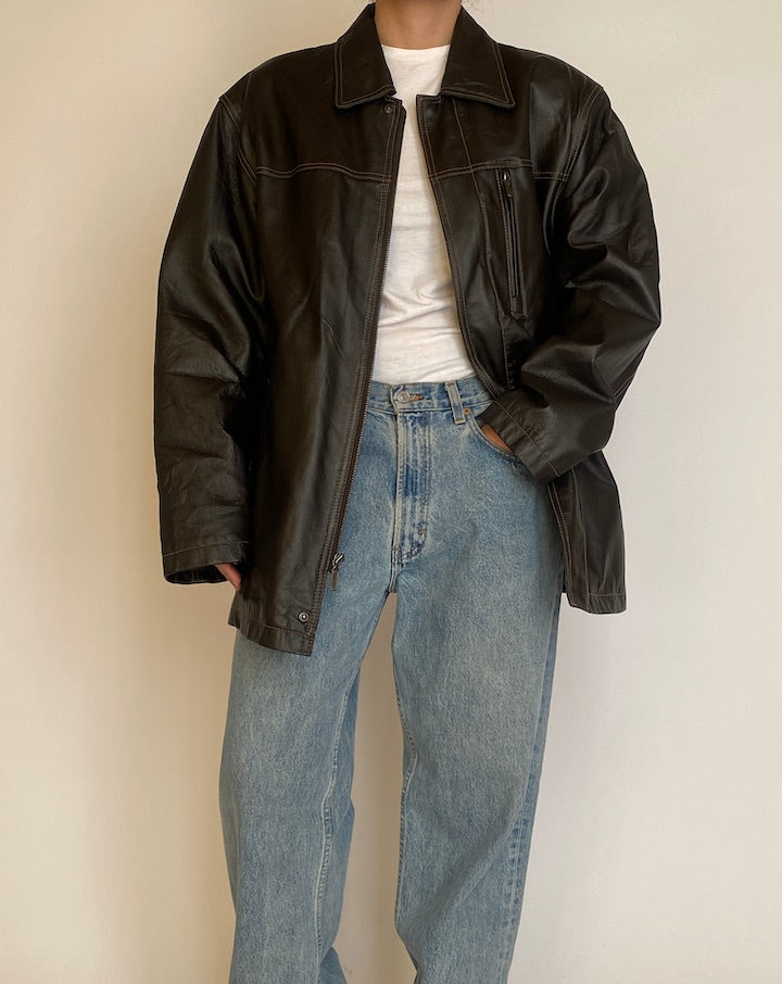 VINTAGE OVERSIZED DARK BROWN LEATHER JACKET 4608