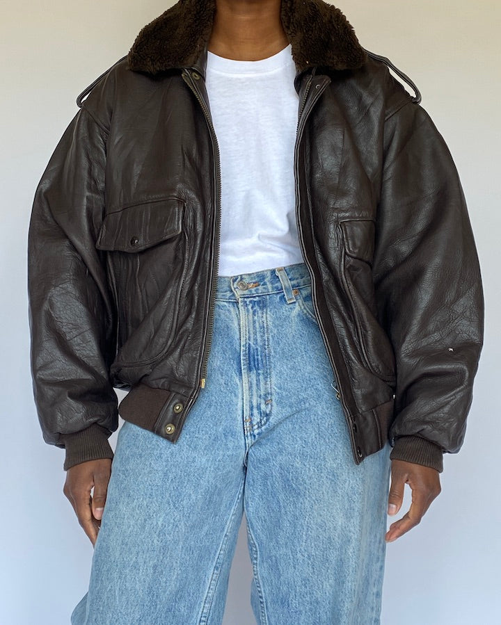 VINTAGE DARK BROWN BOMBER LIKE LEATHER JACKET 4927