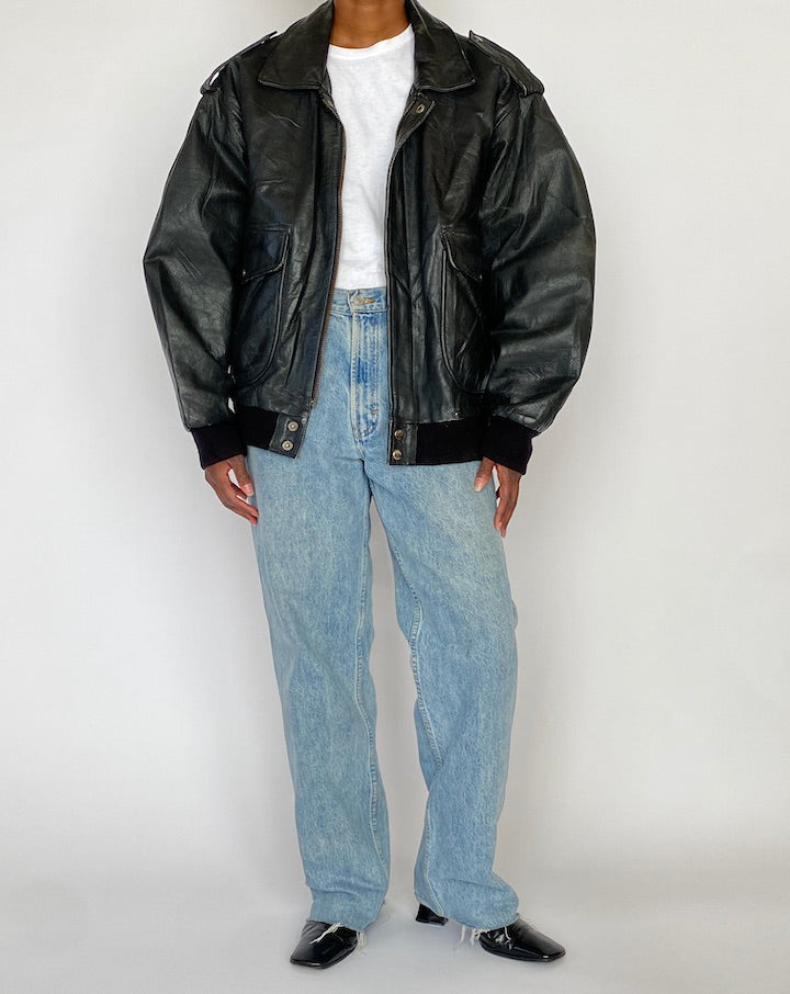 VINTAGE BLACK BOMBER LEATHER JACKET 5016