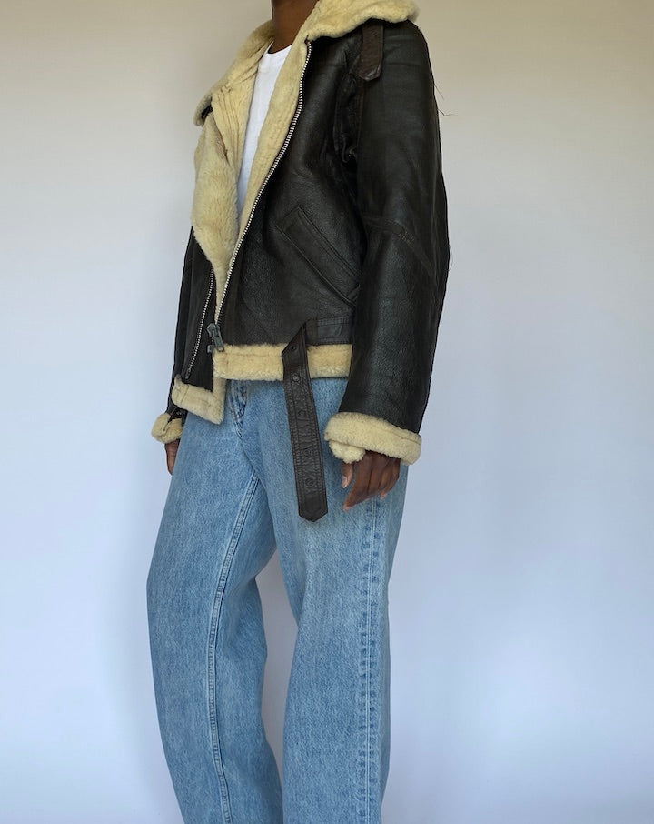 Vintage Black Shearling Leather Jacket 4965