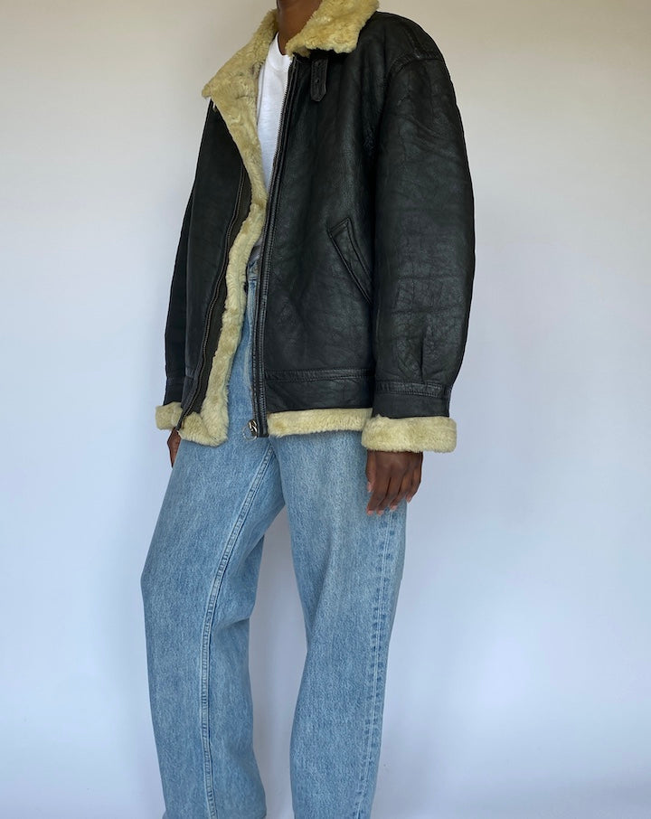 VINTAGE DARK BROWN SHEARLING LEATHER JACKET 4956