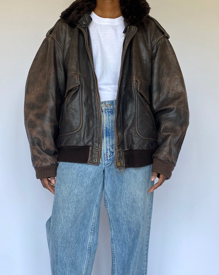 VINTAGE OVERSIZED DARK BROWN BOMBER LEATHER JACKET WITH DETACHABLE COLLAR 4978