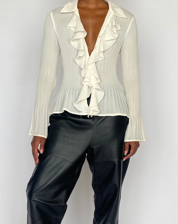 VINTAGE CREAM PLEATED RUFFLED DETAILED BLOUSE 5073