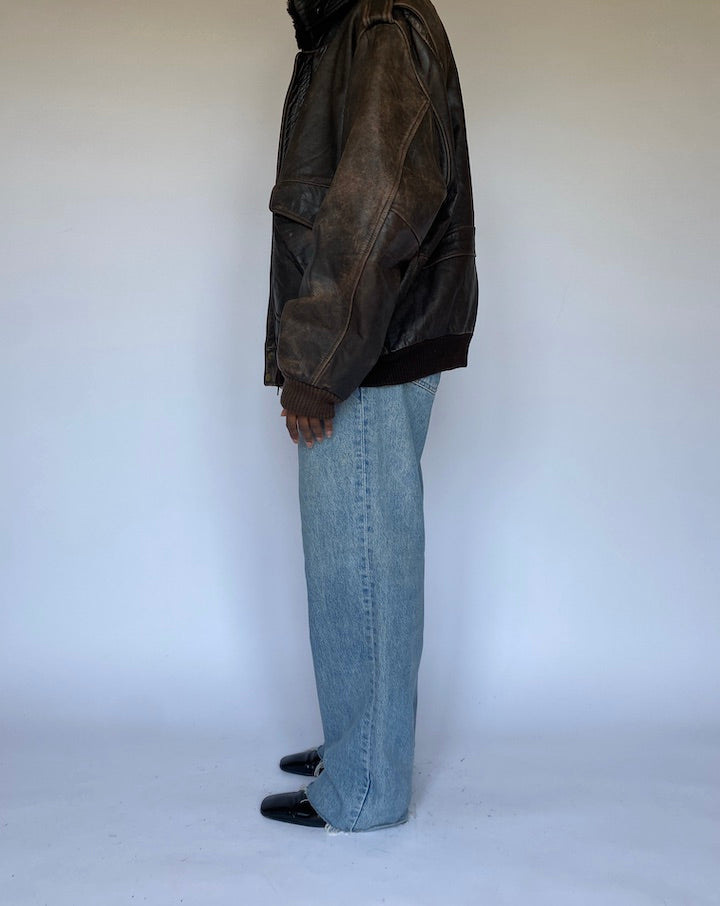 VINTAGE OVERSIZED DARK BROWN BOMBER LEATHER JACKET WITH DETACHABLE COLLAR 4978
