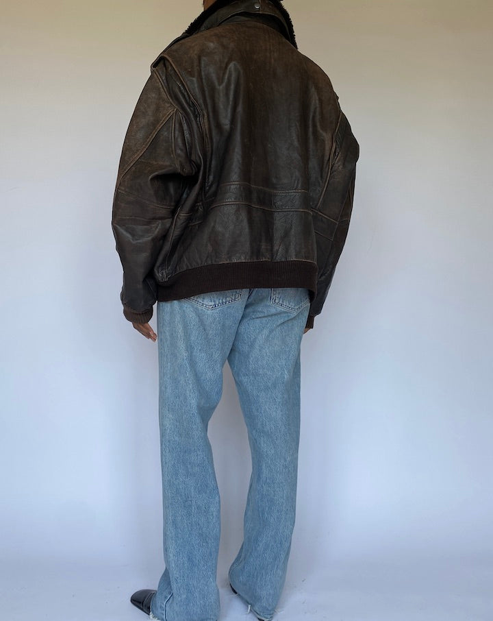 VINTAGE OVERSIZED DARK BROWN BOMBER LEATHER JACKET WITH DETACHABLE COLLAR 4978