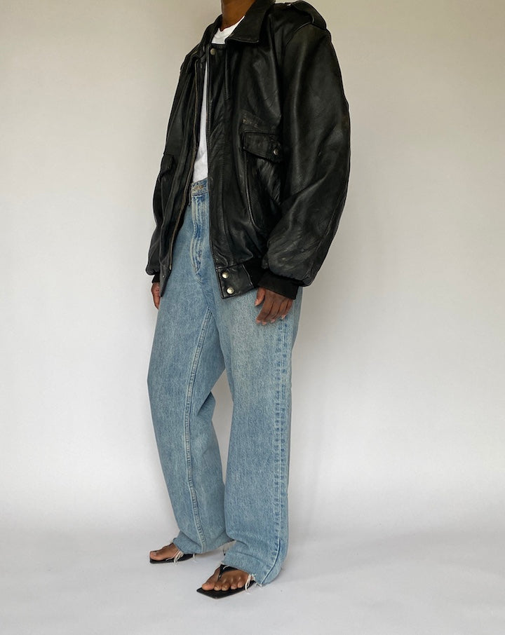 VINTAGE BLACK OVERSIZED BOMBER LEATHER JACKET 5007