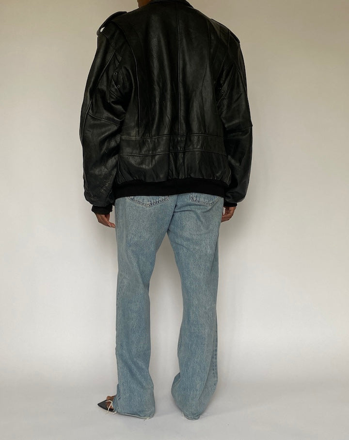 VINTAGE BLACK OVERSIZED BOMBER LEATHER JACKET 5007