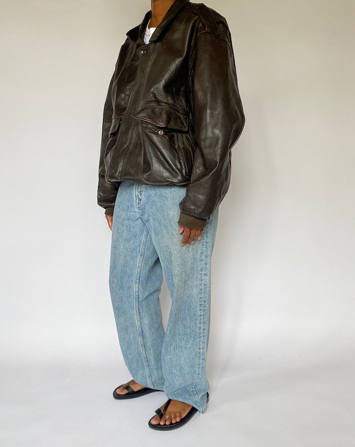 VINTAGE OVERSIZED DARK BROWN BOMBER LIKE LEATHER JACKET 5069